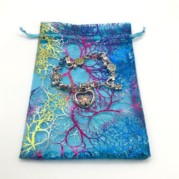 Brighton Charm Bracelet Bloom From Within Silver Plate & Enamel Heart & Flowers - Picture 4 of 10